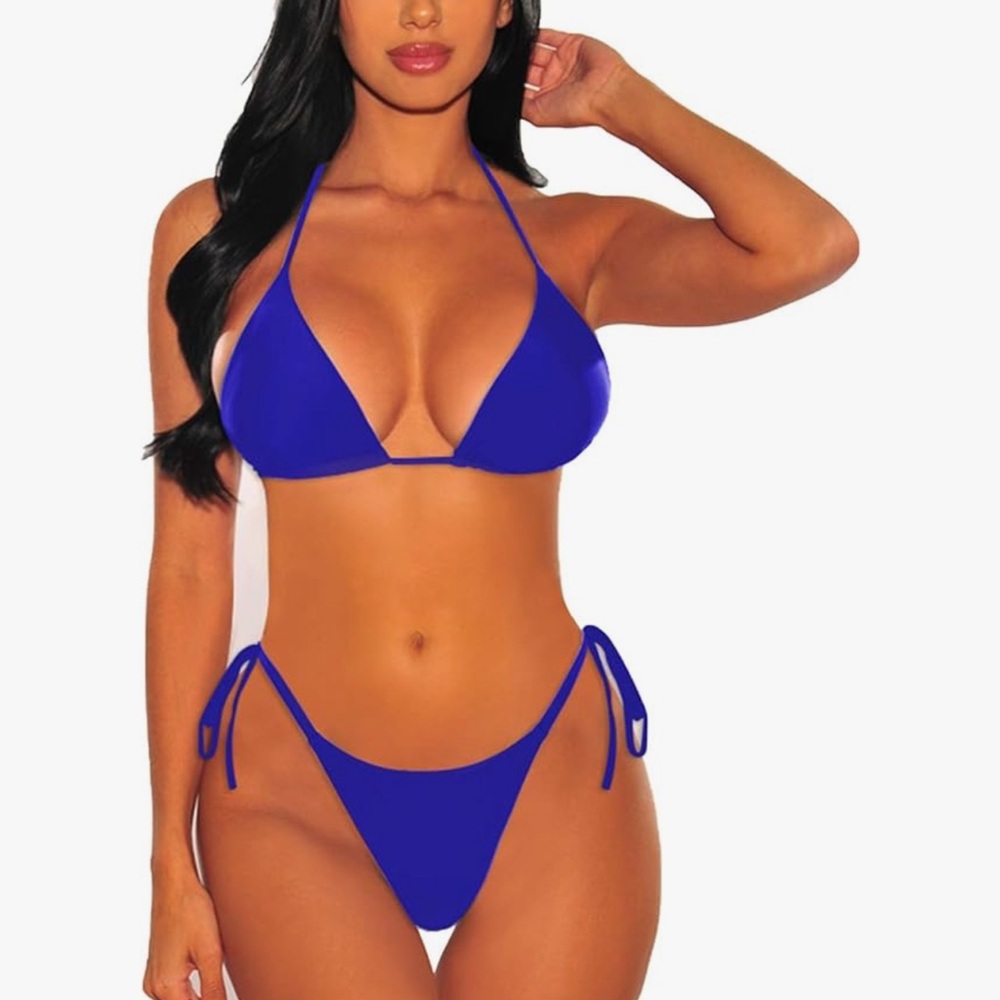 Halter string triangle bikini with ruched cinched cheeky bottoms two piece set